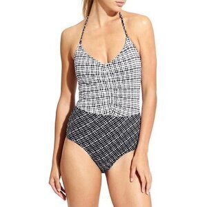Athleta Women's Vichy One Piece Halter Bathing Suit‎ in Gray Cream Size Small